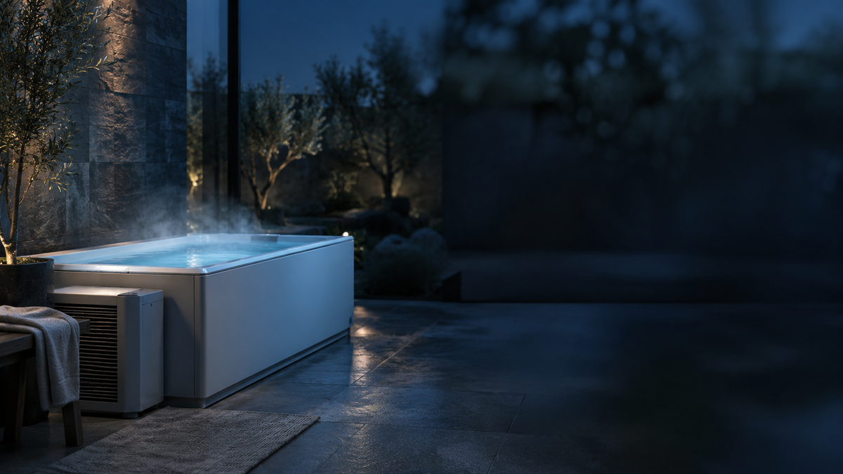 Astute Gear cold plunge tub styled in a modern home recovery space