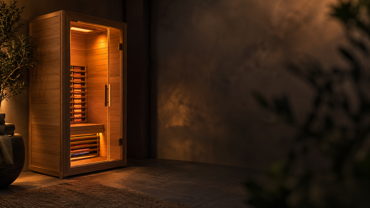 Astute Gear infrared sauna cabin styled in a warm modern home wellness space
