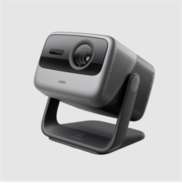 JMGO N1S Ultimate 4K laser projector on its built-in gimbal stand, angled view