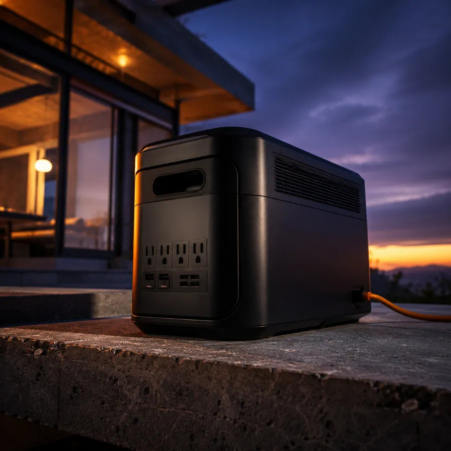 Portable power station on a patio outside a modern home at dusk
