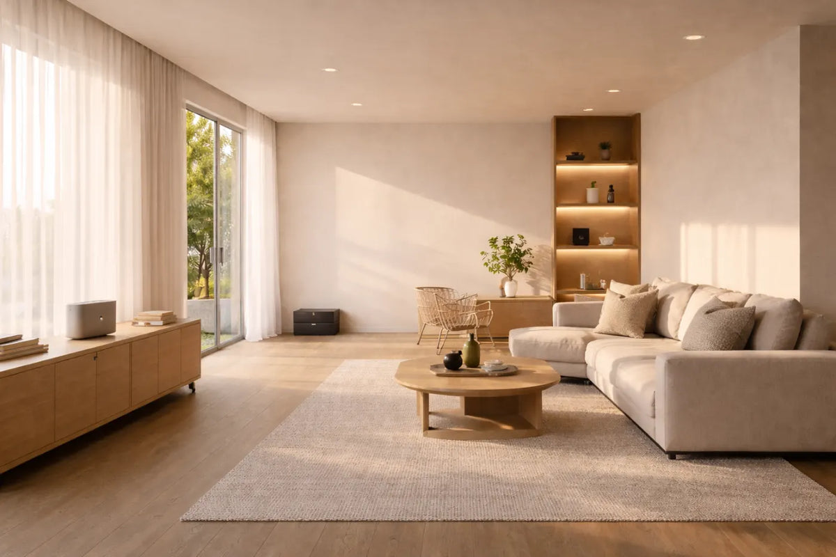 Modern living room with a sofa, wooden coffee table, and illuminated shelving