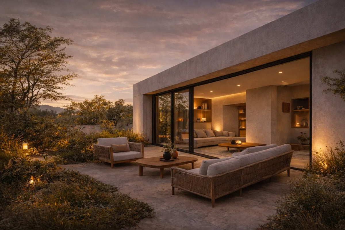 Modern home exterior at dusk with an outdoor patio seating area and a warmly lit interior visible through glass doors