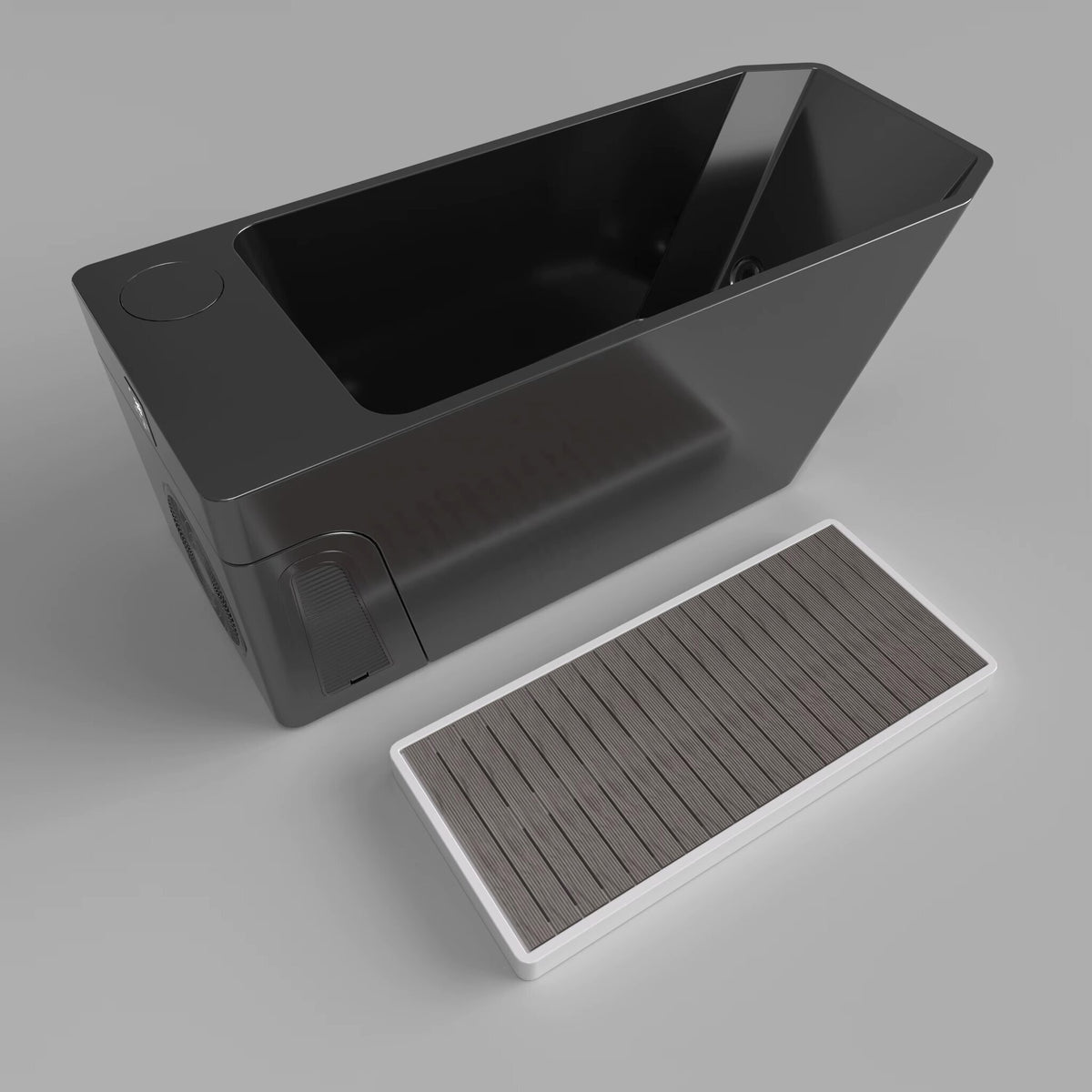 Orivon Frost Cold Plunge Tub in Black, front three-quarter view showing integrated chiller
