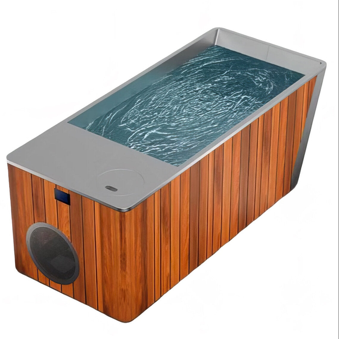 Orivon Frost Cold Plunge Tub in Metallic, alternate angle showing teak inlay