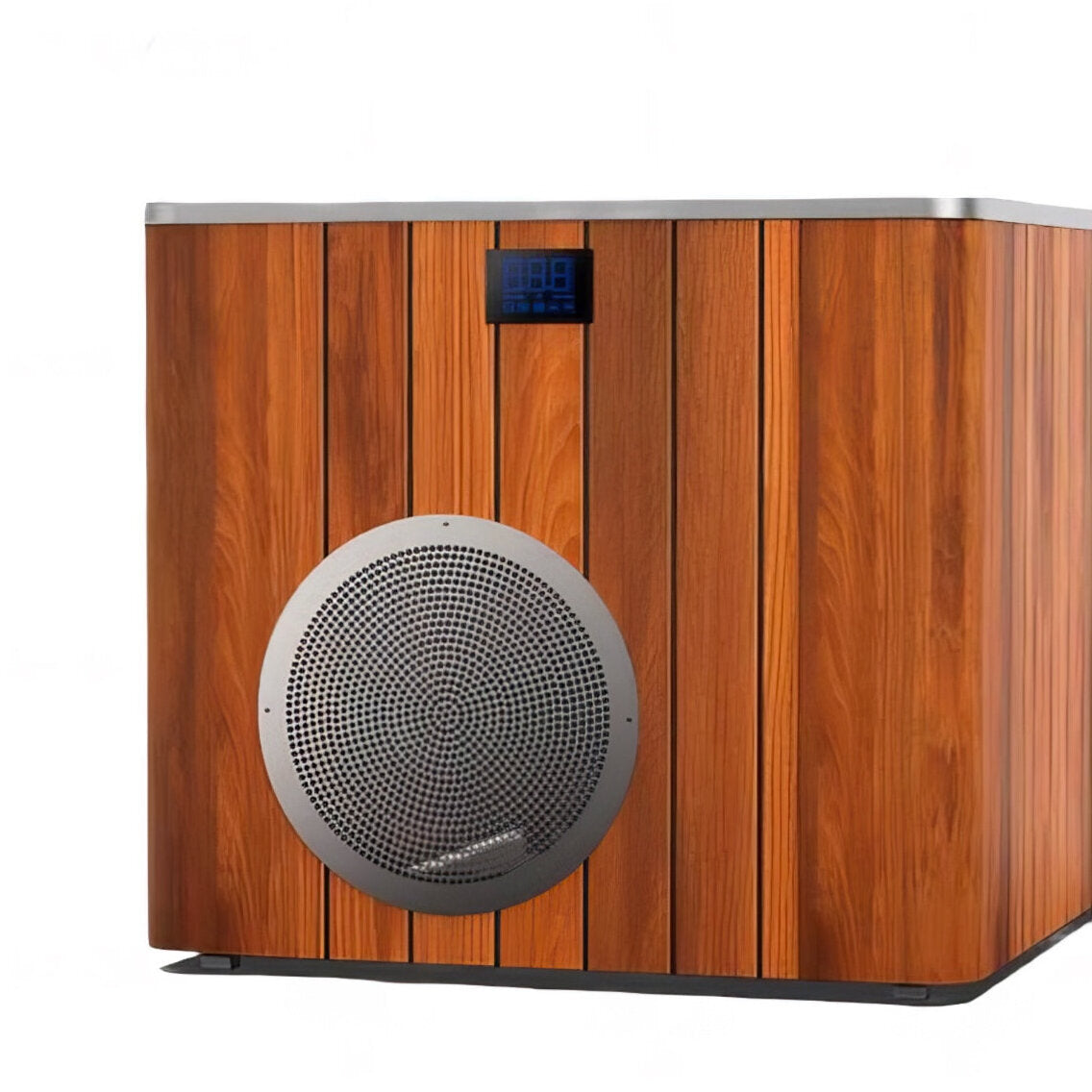 Orivon Frost Cold Plunge Tub in Metallic, metal shell with teak inlay accents