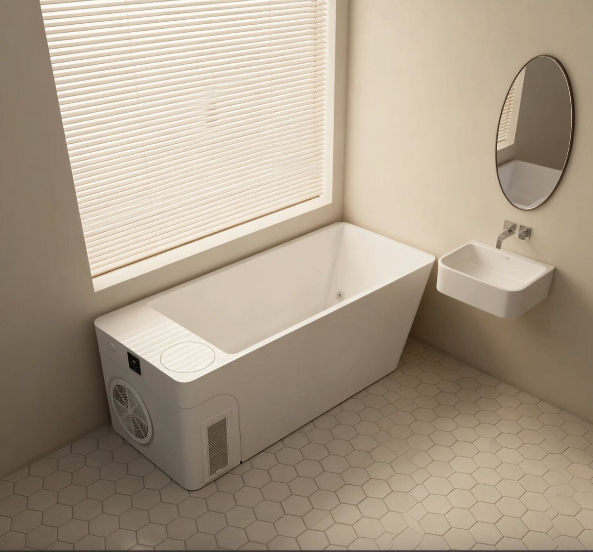 Orivon Frost Cold Plunge Tub in White, in a bathroom setting