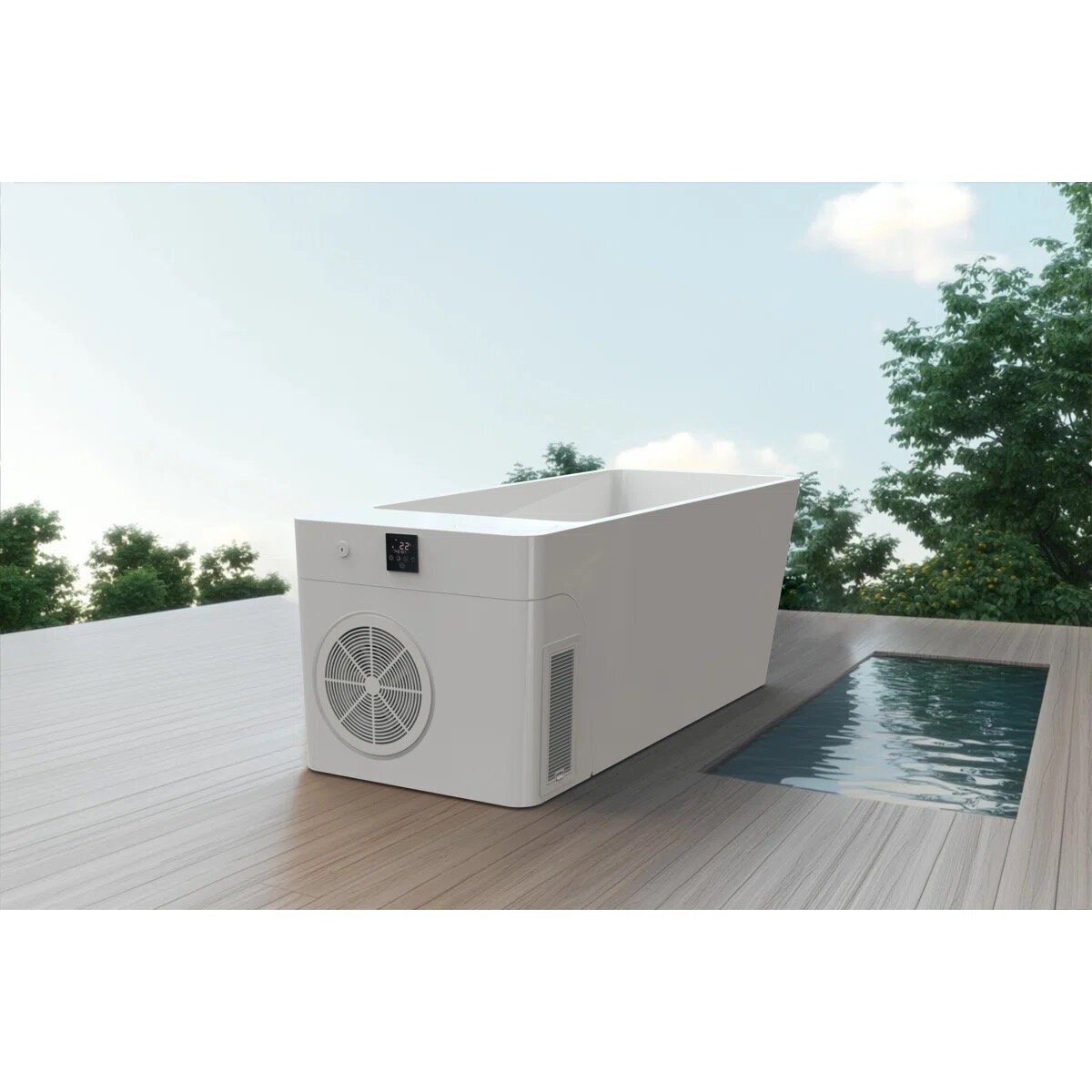 Orivon Frost Cold Plunge Tub in White, on an outdoor deck
