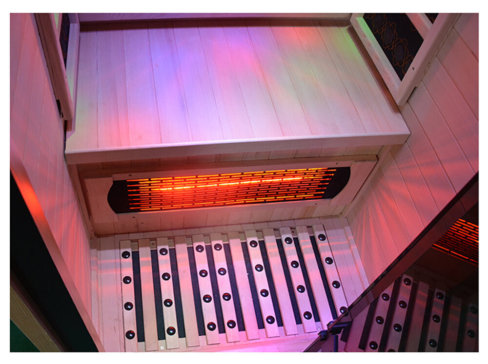 Orivon Lumin Infrared Sauna One, interior view with far-infrared panels glowing